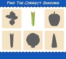 Finden Sie die richtigen Schatten von Cartoon-Spargel. Such- und Zuordnungsspiel. Lernspiel für Kinder und Kleinkinder im Vorschulalter