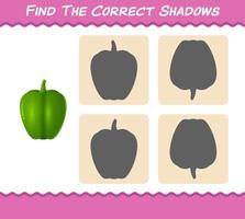 Finden Sie die richtigen Schatten von Cartoon-Paprika. Such- und Zuordnungsspiel. Lernspiel für Kinder und Kleinkinder im Vorschulalter vektor