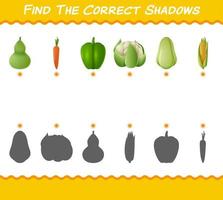 Finden Sie die richtigen Schatten von Cartoon-Gemüse. Such- und Zuordnungsspiel. Lernspiel für Kinder und Kleinkinder im Vorschulalter vektor