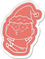 Cartoon-Aufkleber eines glatzköpfigen Mannes, der mit Weihnachtsmütze starrt vektor