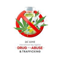 Banner zum internationalen Tag gegen Drogenmissbrauch und -handel. grünes marihuanablatt und impfspritze innerhalb des roten verbotenen zeichens. Betäubungsmittelverbotsschild 3d isoliert auf weißem Hintergrund. Vektor.