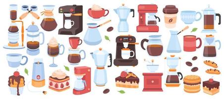 satz von kaffeebrühmethoden elementsammlungen, sammlung von kaffeewerkzeugen und utensilien zum brauen und servieren, isolierte vektorcliparts. handgezeichnete gekritzelillustrationen. Kaffeemaschine, türkisch. vektor