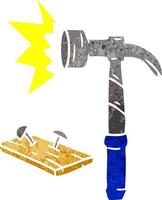 retro-cartoon-doodle eines hammers und nägel vektor