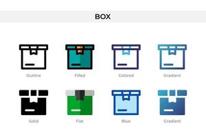 Box-Symbol in verschiedenen Stilen. Box-Vektorsymbole in Umrissen, soliden, farbigen, gefüllten, Farbverläufen und flachen Stilen. Symbol, Logoabbildung. Vektor-Illustration vektor
