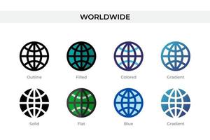 världsomspännande ikon i olika stil. världsomspännande vektorikoner designade i kontur, solid, färgad, fylld, gradient och platt stil. symbol, logotyp illustration. vektor illustration