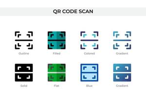 QR-Code-Scan-Symbol in verschiedenen Stilen. QR-Code-Scan-Vektorsymbole, die in Umrissen, soliden, farbigen, gefüllten, Farbverläufen und flachen Stilen gestaltet sind. Symbol, Logoabbildung. Vektor-Illustration vektor