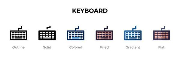 Tastatursymbol in verschiedenen Stilen. Tastaturvektorsymbole, die in Umrissen, soliden, farbigen, gefüllten, Farbverläufen und flachen Stilen gestaltet sind. Symbol, Logoabbildung. Vektor-Illustration vektor