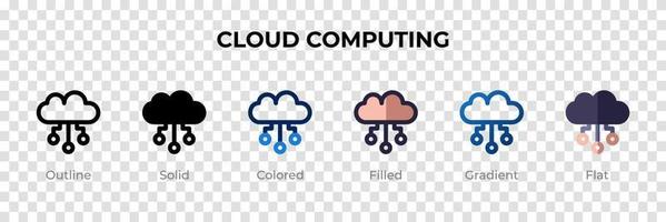 Cloud-Computing-Symbol in verschiedenen Stilen. Cloud-Computing-Vektorsymbole, die in Umrissen, soliden, farbigen, gefüllten, Farbverläufen und flachen Stilen entworfen wurden. Symbol, Logoabbildung. Vektor-Illustration vektor