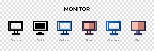 Monitorsymbol in einem anderen Stil. überwachen Sie Vektorsymbole, die in Umrissen, soliden, farbigen, gefüllten, Farbverläufen und flachen Stilen gestaltet sind. Symbol, Logoabbildung. Vektor-Illustration vektor