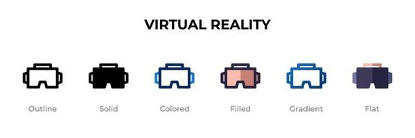 Virtual-Reality-Symbol in verschiedenen Stilen. Vektorsymbole für virtuelle Realität, die in Umrissen, soliden, farbigen, gefüllten, Farbverläufen und flachen Stilen gestaltet sind. Symbol, Logoabbildung. Vektor-Illustration vektor