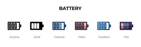 Batteriesymbol in verschiedenen Stilen. Batterievektorsymbole, die in Umrissen, soliden, farbigen, gefüllten, Farbverläufen und flachen Stilen gestaltet sind. Symbol, Logoabbildung. Vektor-Illustration vektor