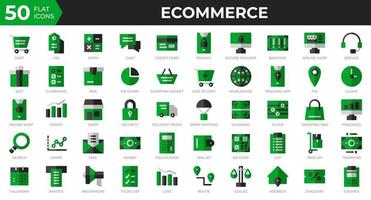 Satz von 50 E-Commerce-Web-Icons im flachen Stil. Kreditkarte, Gewinn, Rechnung. Sammlung von flachen Symbolen. Vektor-Illustration vektor