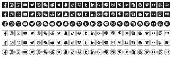 ställ in populära ikoner för sociala medier. facebook, instagram, twitter, youtube, pinterest, behance, google, linkedin, whatsap, snapchat och många fler. redaktionell vektorillustration vektor