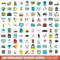 100 Worldnet School Icons Set, flacher Stil vektor