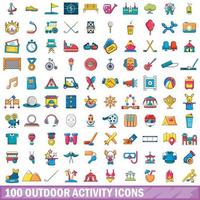 100 Outdoor-Aktivitätssymbole im Cartoon-Stil vektor