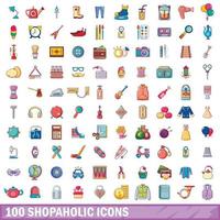 100 shopaholic ikoner set, tecknad stil vektor