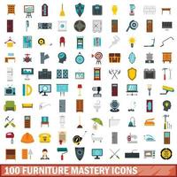 100 möbler behärskning ikoner set, platt stil vektor