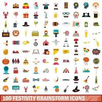 100 festliche Brainstorming-Icons gesetzt, flacher Stil vektor