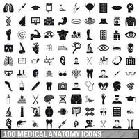 100 medizinische Anatomie-Icons gesetzt, einfacher Stil vektor