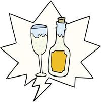 Cartoon Champagnerflasche und Glas und Sprechblase vektor