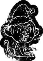 Verrückte Cartoon-Distressed-Ikone eines Affen, der mit Weihnachtsmütze sitzt vektor