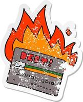 beunruhigter Aufkleber eines brennenden Kreditkarten-Cartoons vektor