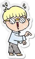 bedrövad klistermärke av en tecknad pojke som bär glasögon vektor