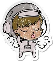 beunruhigter Aufkleber eines hübschen Cartoon-Astronautenmädchens, das den Weltraumhelm abnimmt vektor