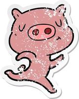 beunruhigter Aufkleber eines laufenden Schweins mit Cartoon-Inhalt vektor