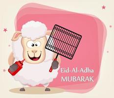 offerfesten eid al-adha. traditionell muslin semester. gratulationskort med roliga får som håller grillgaller och sås vektor