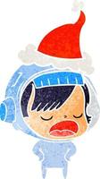 Retro-Karikatur einer Astronautin, die das Tragen einer Weihnachtsmütze erklärt vektor