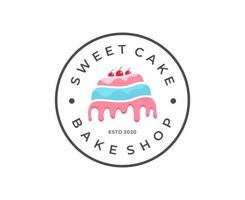 Logo-Design-Vorlage für Süßwarengeschäfte. vektor des kuchens mit kirschen mit abzeichen, emblemdesign