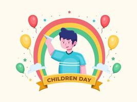 internationale kindertagesillustration mit einem kind, das ein papierflugzeug spielt, und mit ballon, regenbogenhintergrund. kann für Grußkarten, Postkarten, Web, Banner, Poster usw. verwendet werden. vektor