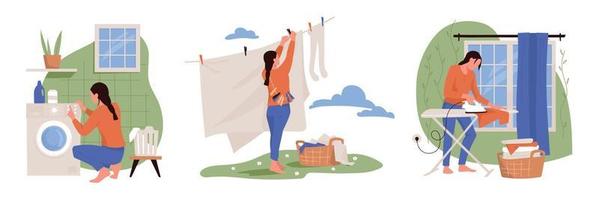 Hausarbeiten. Das Mädchen kümmert sich um die Hausarbeit. Wäsche waschen, Wäsche zum Trocknen aufhängen, Wäsche bügeln. Hausfrau Frau. Vektorbild. vektor