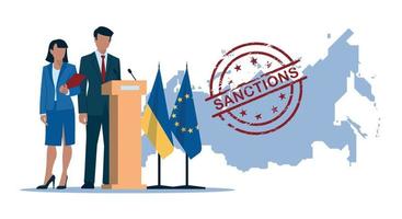 sanktioner. politik. affärsmän. man och kvinna i kostymer, politiker, affärsmän, programledare. Rysslandskarta med sanktionsstämpel. Ukrainas och Europeiska unionens flagga. vektor bild.