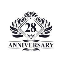 28 års jubileumslogga, lyxig blommig 28-års logotyp. vektor