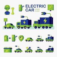 Elektro fordon platt ikonuppsättning med elektrisk eco bil laddstation. vektor