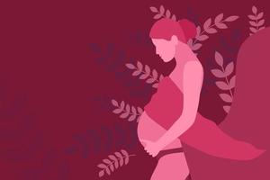 Silhouette einer schwangeren Frau, die ihren Bauch liebevoll auf einem floralen Hintergrund mit Platz für Ihr Design hält vektor