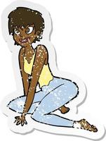 Retro-Distressed-Aufkleber einer Cartoon-glücklichen Frau, die auf dem Boden sitzt vektor