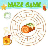 Weihnachtslabyrinth-Puzzlespiel für Kinder. kreislabyrinth oder labyrinthspiel mit weihnachtskuchen. vektor