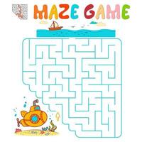 Labyrinth-Puzzle-Spiel für Kinder. Labyrinth- oder Labyrinthspiel mit U-Boot. vektor