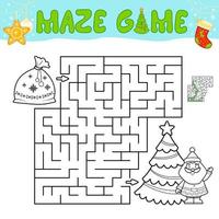 Weihnachtslabyrinth-Puzzlespiel für Kinder. umriss labyrinth oder labyrinth spiel mit weihnachtstasche. vektor