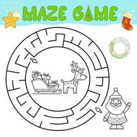 Weihnachten Schwarz-Weiß-Labyrinth-Puzzle-Spiel für Kinder. umrisskreis labyrinth oder labyrinthspiel mit dem weihnachtsmann. vektor