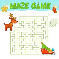 Weihnachtslabyrinth-Puzzlespiel für Kinder. labyrinth oder labyrinthspiel mit weihnachtsschlitten und rentieren. vektor