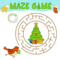 Weihnachtslabyrinth-Puzzlespiel für Kinder. kreislabyrinth oder labyrinthspiel mit weihnachtsvogel. vektor