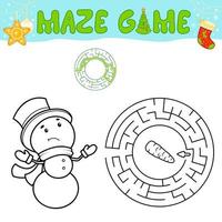 Weihnachten Schwarz-Weiß-Labyrinth-Puzzle-Spiel für Kinder. umriss kreis labyrinth oder labyrinth spiel mit weihnachtsschneemann. vektor