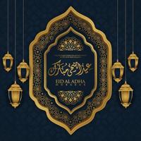 eid al adha kalligrafie-design mit laternen und blumenschmuck.