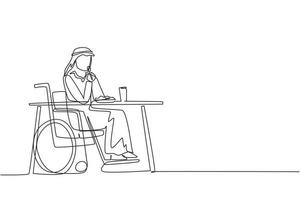 durchgehende einzeilige zeichnung arabischer männlicher junger rollstuhlfahrer, der essen am tisch sitzt. Mittagessen, Snack im Café. Gesellschaft und Menschen mit Behinderungen. einzeiliges zeichnen design vektorillustration