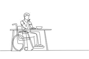 einzelne eine Linie, die männliche junge Rollstuhlfahrer beim Essen am Tisch zeichnet. Mittagessen, Snack im Café. Gesellschaft und Menschen mit Behinderungen. ununterbrochene Linie zeichnen grafische Vektorillustration des Designs