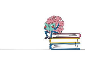kontinuerlig en rad ritning tecknad hjärna läsa bok. rolig hjärna karaktär sitter på en hög med böcker. lära och studera print. utbildning skola affisch. enkel rad rita design vektorillustration vektor